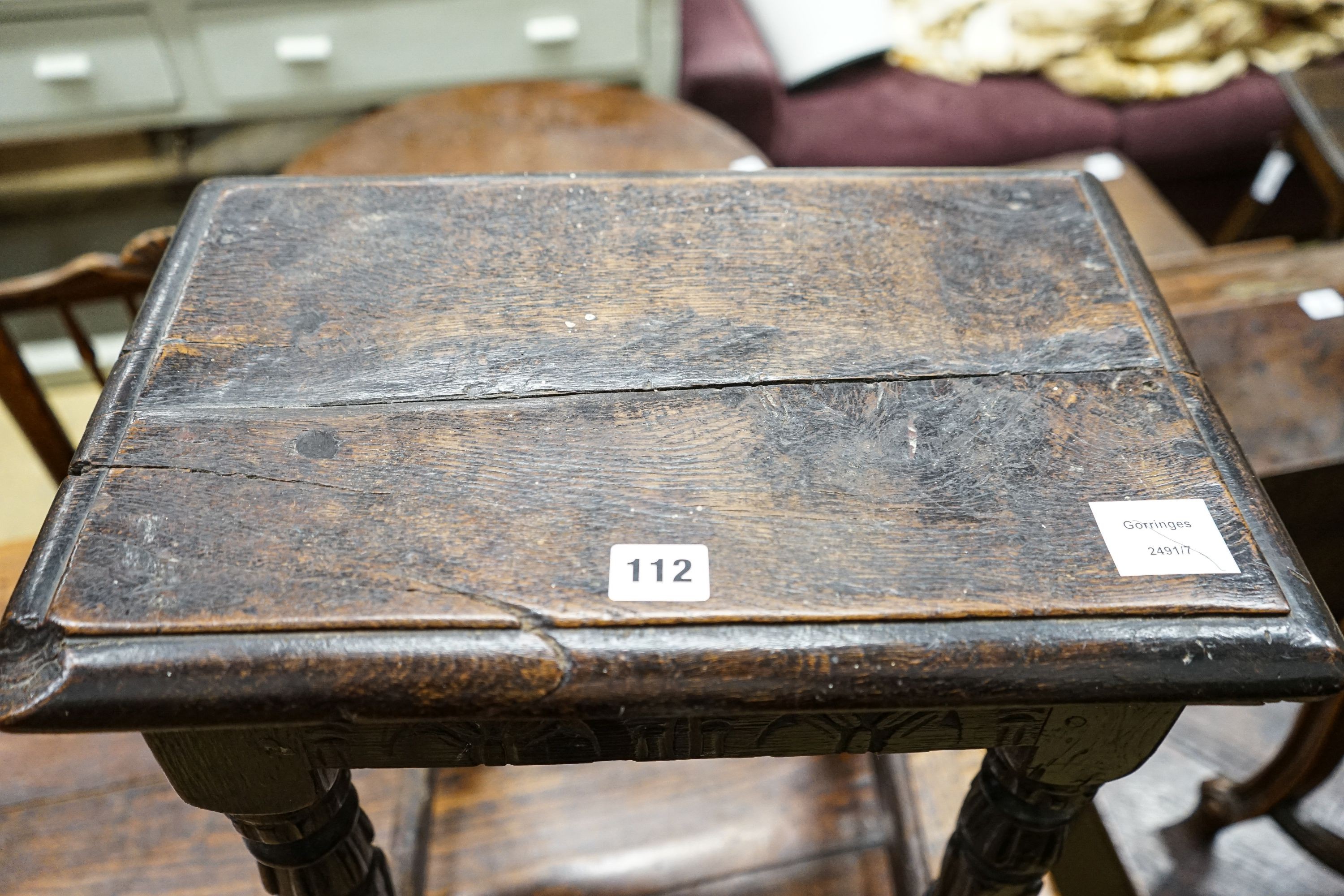 A late 18th century style stained oak joint stool, with turned and fluted legs, width 44cm, depth 28cm, height 56cm